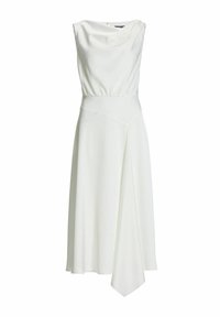 Biała sukienka bez rękawów z marszczonym dekoltem typu cowl, dopasowaną talią i zwiewną spódnicą w kształcie litery A, z asymetrycznym wykończeniem dołu.