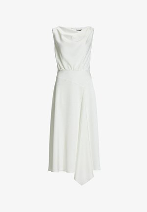 Witte mouwloze jurk met een gedrapeerde col, een getailleerde taille en een vloeiende A-lijn rok, voorzien van een asymmetrisch zoomdetail.