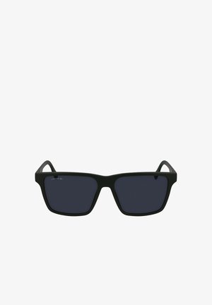 Črne pravokotne sončna očala s temnimi lečami, gumijastim matiranim okvirjem in subtilnim logotipom na levi leči. Minimalističen dizajn.