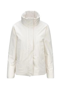 Weiße Jacke mit hohem Kragen, Frontreißverschluss und zwei Seitentaschen. Hergestellt aus glattem, leichtem Stoff. Minimalistisches Design mit dezentem Branding.