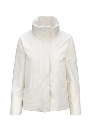 Weiße Jacke mit hohem Kragen, Frontreißverschluss und zwei Seitentaschen. Hergestellt aus glattem, leichtem Stoff. Minimalistisches Design mit dezentem Branding.