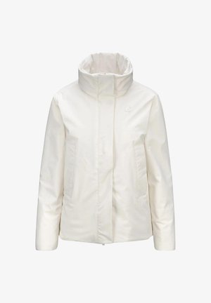 Weiße Jacke mit hohem Kragen, Frontreißverschluss und zwei Seitentaschen. Hergestellt aus glattem, leichtem Stoff. Minimalistisches Design mit dezentem Branding.