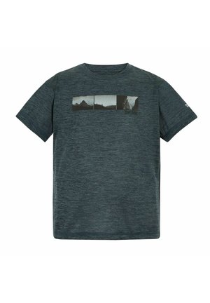 Dark grey short-sleeve T-shirt with three-panel graphic of mountain and landscape silhouettes across the chest.
