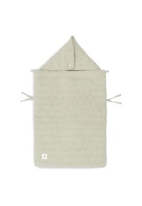 Serviette de bain à capuche en tissu texturé vert clair, avec une capuche pointue, des attaches latérales et un petit logo dans le coin inférieur.