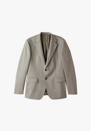 Lichtgrijze colbert gemaakt van textuurstof. Heeft notch-revers, een sluiting met twee knopen en voorzakken. Gevoerde binnenkant.