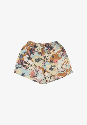 Shorts amples avec taille élastique présentant un motif floral abstrait multicolore aux tons doux sur un fond clair.