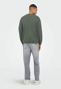 Donkergroene pullover met geribde manchetten en zoom, gedragen met lichtgrijze jeans en witte sneakers, gezien vanuit de achterkant.