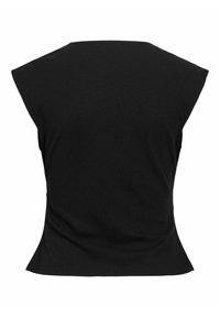 Μαύρο αμάνικο τοπ με φαρδύ ντεκολτέ και ελαφρώς φουντωτή βάση, εμφανίζεται από πίσω σε λευκό φόντο.