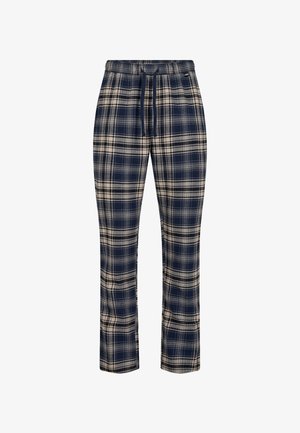 Mörkblå och beige rutiga pyjamasbyxor gjorda av mjukt tyg, med elastisk midja och dragsko samt raka ben.