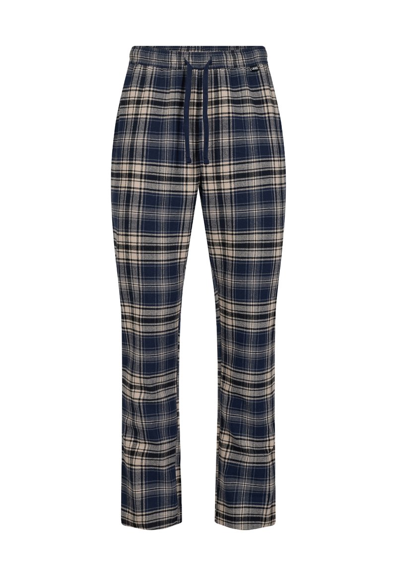 Pantalones de pijama a cuadros en navy y beige, confeccionados con una tela suave, que cuentan con una cinturilla elástica con cordón y piernas de corte recto.