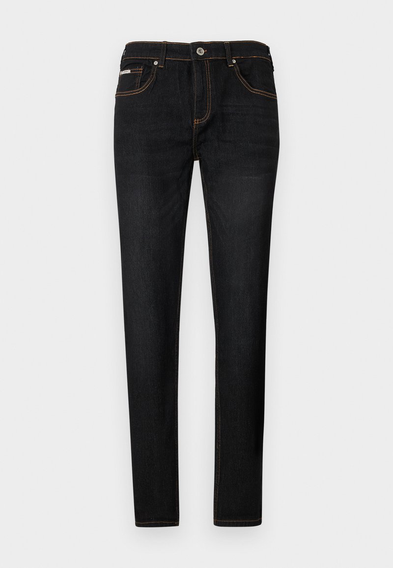 Dunkelblaue Denim-Jeans mit Slim Fit. Mit orangefarbenen Nähten, einem klassischen Fünf-Taschen-Design und einem Knopfverschluss am Bund.