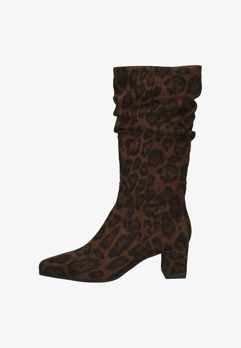Botte en suède marron mi-mollet avec imprimé léopard, tige souple, bout pointu et talon bloc.