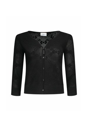 Zwarte kanten cropped cardigan met lange mouwen, bloemmotief, vijf knopen aan de voorkant en een V-hals.