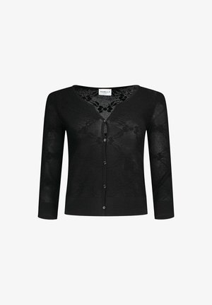 Cardigan court en dentelle noire à manches longues, motif floral, cinq boutons devant et col en V.