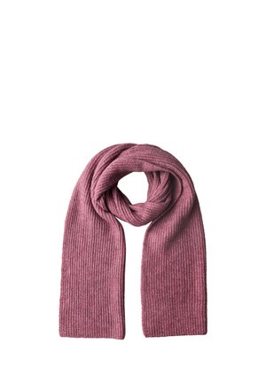Ribbed scarf in mauve, made of soft fabric, featuring a long, rectangular shape with textured detailing throughout.