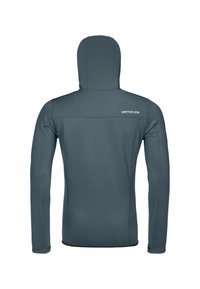 Kapuzensweatjacke in Dunkelgrau mit einer glatten Textur, schlanker Passform und kontrastierenden Nähten. Logo auf dem oberen Rücken sichtbar.