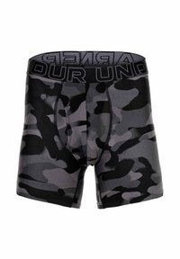 Męskie bokserki w wzór moro z odcieniami szarości i czerni. Elastyczny pas z logo „UNDER ARMOUR”. Gładka faktura.