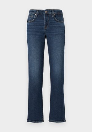 Jeans in denim blu scuro con taglio dritto, dotati di tasche frontali, zip e un leggero sbiadimento lungo le cosce.