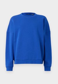 Hanorac din bumbac albastru cu guler rotund, umeri lăsați și manșete ribbate. Textură netedă, croială casual. Fără motive sau accente vizibile.