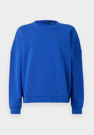Niebieski bawełniany sweatshirt z okrągłym dekoltem, opadającymi ramionami i ściągaczami. Gładka struktura, casualowy krój. Brak widocznych wzorów lub akcentów.