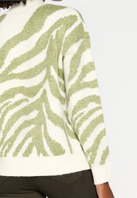 Jersey de punto en color crema con rayas de cebra verdes. Presenta un cuello alto y un dobladillo acanalado. Textura suave con un ajuste relajado.