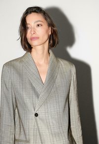 Lichtgrijze, gestreepte blazer met een sjawl-kraag, sluiting met één knop en textuurstof. Heeft gestructureerde schouders en een getailleerde pasvorm.
