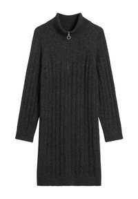 Donkergrijze geribbelde gebreide jurk met een hoge kraag en een korte rits bij de hals, voorzien van lange mouwen en een rechte silhoeet.