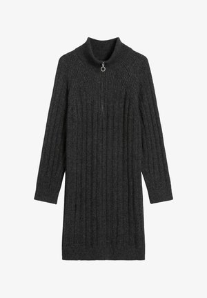 Dunkelgraues, geripptes Strickkleid mit hohem Kragen und einem kurzen Reißverschluss am Hals, ausgestattet mit langen Ärmeln und einer geraden Silhouette.