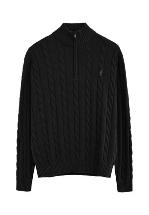 Schwarzer Pullover mit Zopfmuster, langen Ärmeln, Viertelreißverschluss am Kragen, gerippten Bündchen und kleinem besticktem Logo auf der linken Brust.