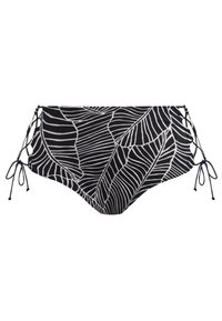 Zwarte zwemonderbroek met een wit bladerenpatroon, voorzien van zijstrikken voor een verstelbare pasvorm. Gladde stof met een hoogwaardige ontwerp.