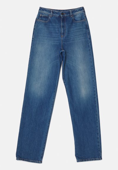 Blue denim jeans featuring a straight-leg design, five pockets, and subtle fading on the front. Stitched hems and a button closure.