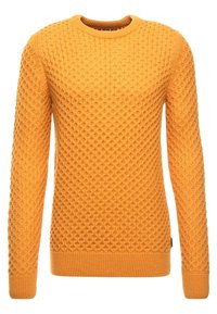 Pull en maille jaune moutarde pour homme, avec un motif en nid d'abeille texturé, un col rond, des poignets et un bord inférieur côtelés.