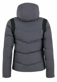 Graue Pufferjacke mit Kapuze und schwarzen Seitenpanelen. Strukturiertes, isoliertes Design mit sichtbaren Nähten und einer schlanken Silhouette.