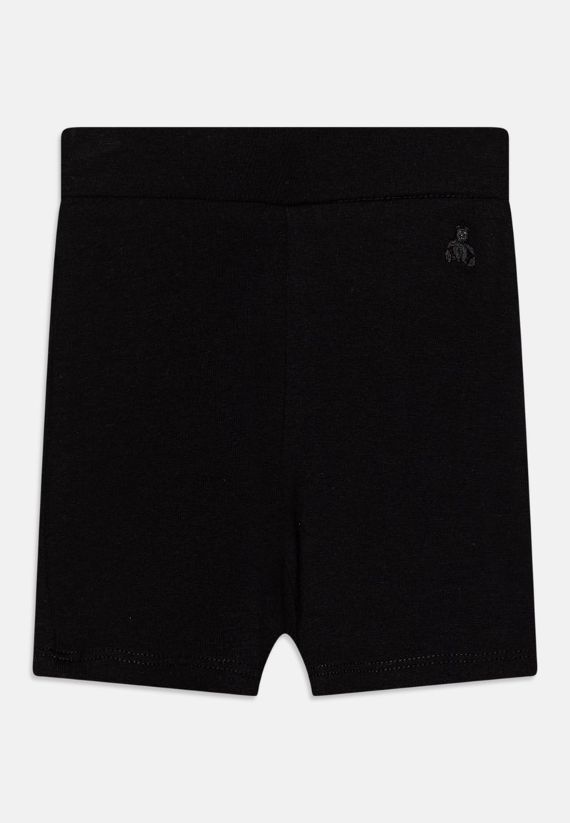 Shorts noirs ajustés avec une large ceinture élastique et un petit logo brodé sur le côté supérieur droit.