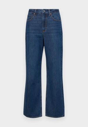 Μπλε τζιν παντελόνι με ψηλή μέση, φαρδιές γάμπες και πορτοκαλί ραφές. Διαθέτει κλασικό σχέδιο με πέντε τσέπες και μεταλλικό κούμπωμα.