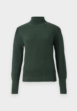 Tmavomodrý sveter s vysokým golierom, textúrovaným pletením, dlhými rukávmi a ribbovanými manžetami a spodným lemom.