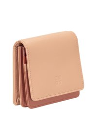 Compact wallet made of smooth light pink leather with a folded design, featuring a darker pink interior and subtle embossed logo.