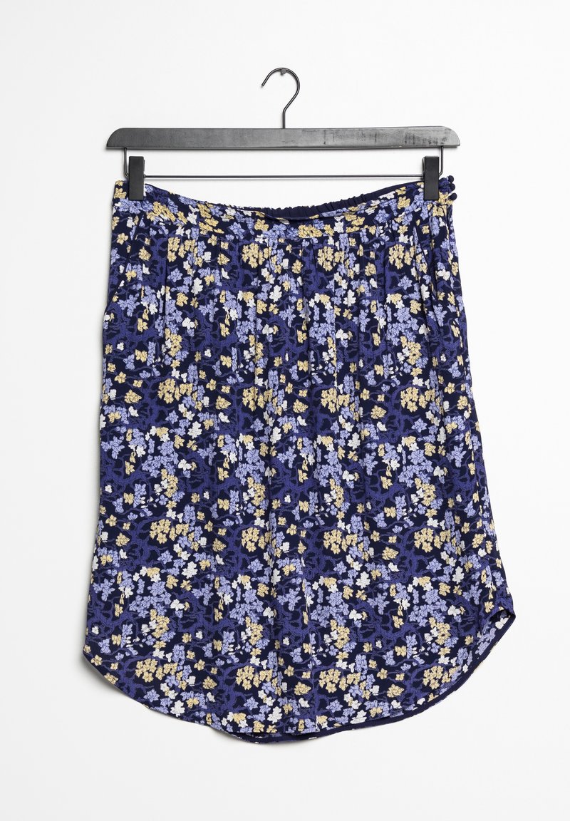 Blommig kjol med marinblå bakgrund, prydd med mönster av blå och gula blommor, veckad design och elastisk midja.