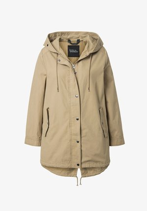 Beige hupparillinen parkatakki, jossa vetoketju edessä ja nepparit, huppu- ja helmalöystät, sekä kaksi läppätaskua neppareilla.