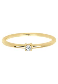 Guldring med en glat band og en lille rund diamant indsat i en firekløft indstilling i midten. Stemplet med "375" indeni.