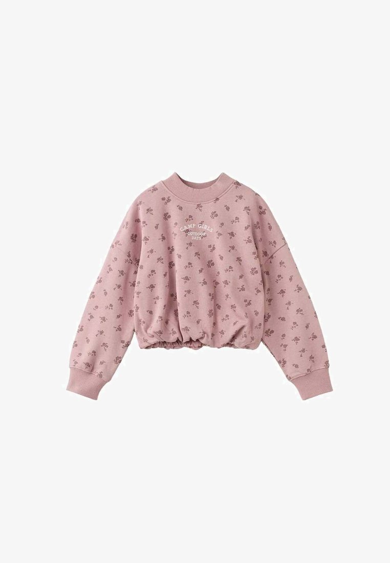 Sweatshirt cropped rosa realizzato in misto cotone, con stampa floreale, collo e polsini a coste, e orlo elasticizzato per una vestibilità comoda.