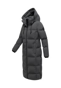 Gray puffer coat with a long design, high collar, drawstring hood, side zip pockets, and ribbed cuffs. Quilted texture throughout.