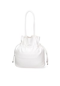 Borsa a tracolla in pelle bianca con parte superiore arricciata, due manici lunghi e texture liscia. Presenta dettagli in metallo.