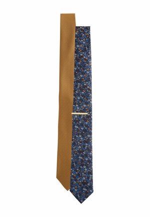 Two neckties: one solid mustard with a textured pattern, and one navy with a floral print in blue, white, and orange. Both have pointed ends.