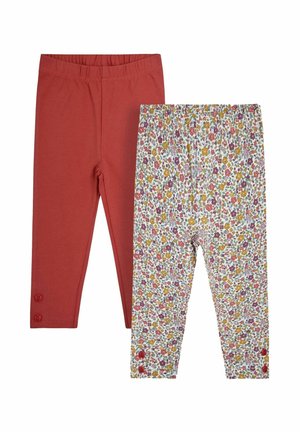 Due leggings: una in tinta unita ruggine e l'altra bianca con un motivo floreale multicolore. Entrambi presentano un elastico in vita e dettagli con bottoni all'orlo.