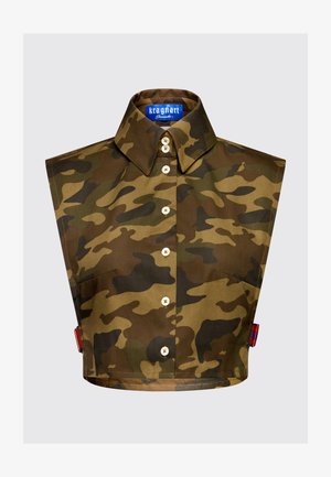 Camo-zuschnitt Bluse mit weitem Kragen, braunem und grünem Tarnmuster, Knopfverschluss vorne und seitlicher Tasche. Verziert mit einem Logo-Tag.