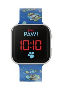 Orologio digitale con quadrante quadrato nero, numeri rossi e cinturino in silicone blu decorato con personaggi dei cartoni animati e impronte di zampe.