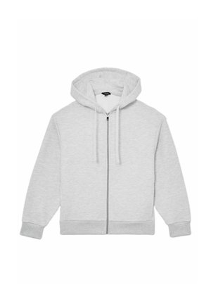 Pilkas užsegamas megztinis su gobtuvu, pagamintas iš minkštos medžiagos, turi gobtuvą, ilgus rankoves, priekines kišenes ir raištelių akcentus. Vienoda lygi tekstūra visame megztinyje.