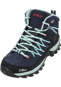 Stivale da trekking blu e menta con tomaia in suede, dettagli in mesh, punta rinforzata e suola in gomma testurizzata con lugs distintivi.