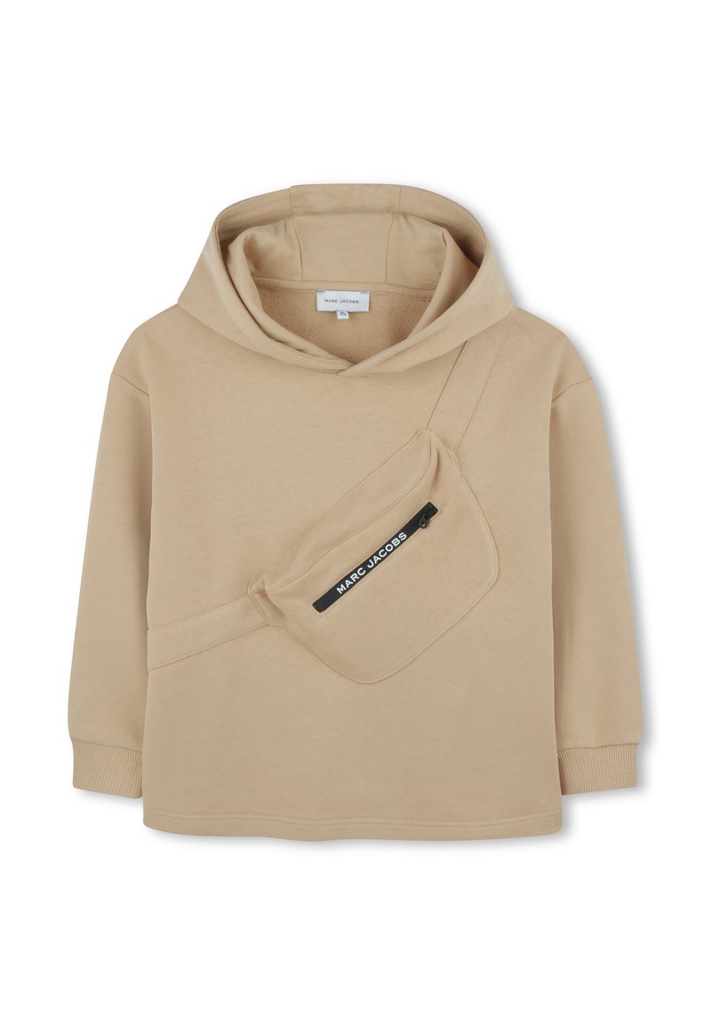 Sweatshirt à capuche beige avec une poche zippée à l'avant. Fabriqué en tissu doux, il présente des poignets côtelés et une capuche à cordon de serrage ajustable.